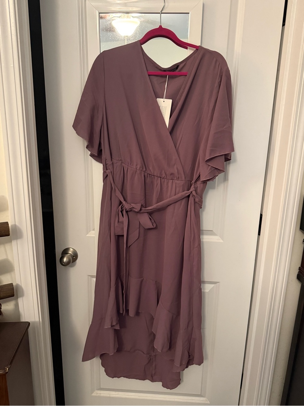 BloomChic Mauve High-Low Wrap Dress with Tie Waist